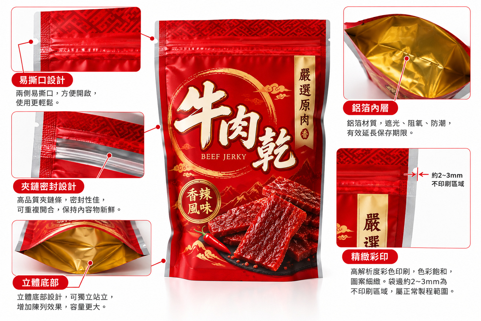 夾鏈鋁立袋細節示意：易撕口、夾鏈密封、鋁箔內層、立體底部與彩色印刷