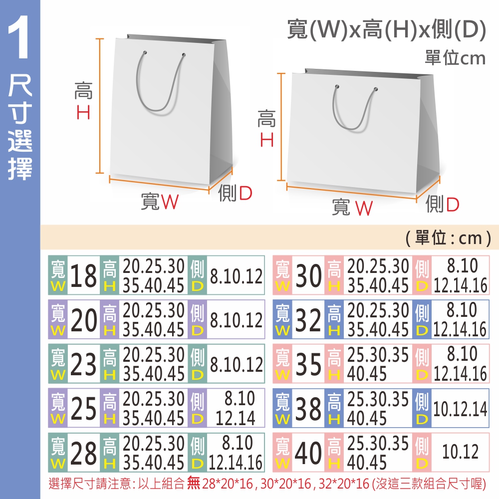 客製紙袋尺寸規格：寬 W、高 H、側 D，單位公分